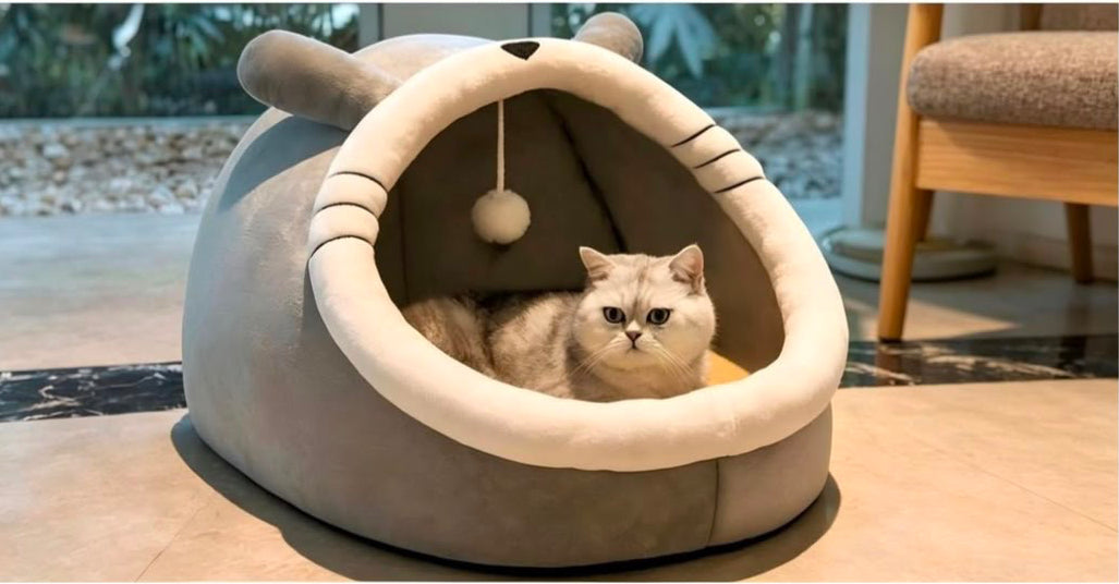 Cute Cozy Cat Beds for Indoor Cats - 2 in 1 Cat Cave Bed with Plush Ball