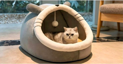 Cute Cozy Cat Beds for Indoor Cats - 2 in 1 Cat Cave Bed with Plush Ball